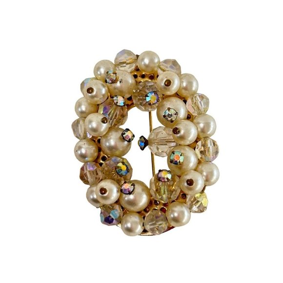 Vintage Brooch Aurora Borealis Beads Faux Pearls Oval 2" - Picture 5 of 6